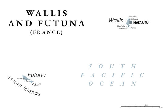 Wallis and Futuna, gray political map. Island collectivity of France in the South Pacific with capital Mata Utu, consisting of 3 main volcanic tropical islands Wallis, Futuna and uninhabited Alofi.