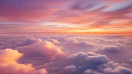 Sunset, sunrise, sky with clouds at twilight, dusk, dawn, flying above the clouds, over the clouds, plane, orange clouds, pink clouds, sunlight, heaven, pastel colors, sky background, cirrus clouds - obrazy, fototapety, plakaty