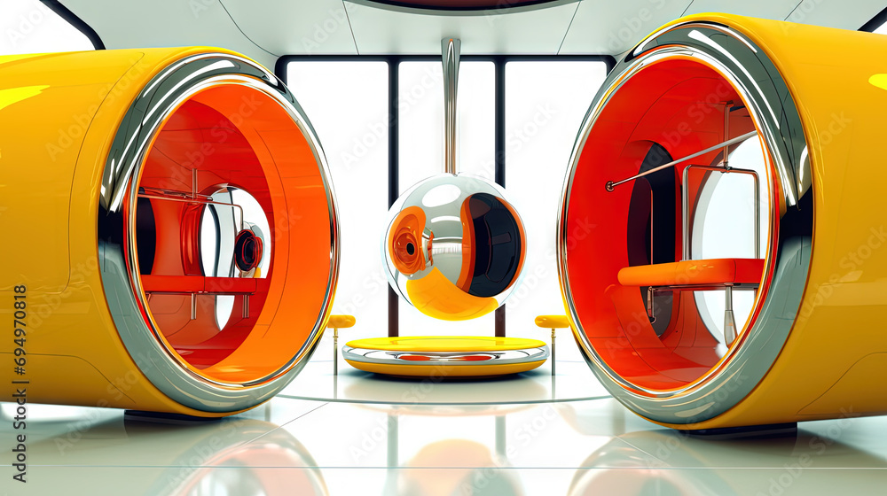 Aufkleber Spaceship or lab interior in retro futuristic sci-fi style with round doors. Generated AI.