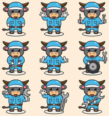 Mascot cartoon of cute Buffalo wearing mechanic uniform and cap. Cute Buffalo illustration. Character animal. Mechanic cartoon set. Vector illustration in isolated background. 