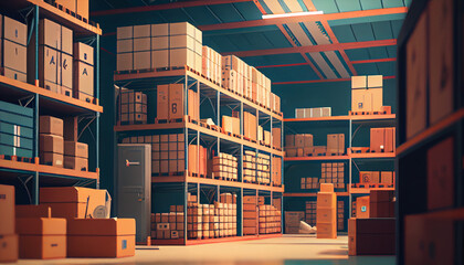 Warehouse full of shelves with goods in cardboard boxes and packages ,minimalist background, Ai generated image.