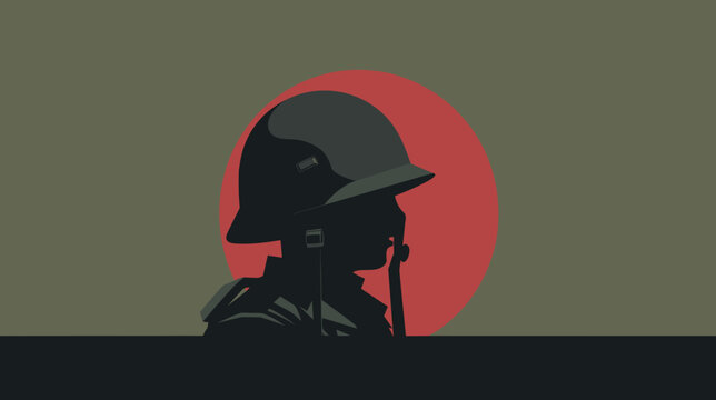 minimalistic paying homage to military history. lone soldier's helmet and rifle, stands out against a gradient background transitioning from gritty grays to somber blacks. Vector illustration