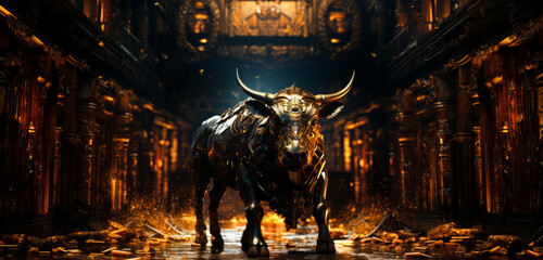 Golden bull sculpture like symbol representing financial market trends, crypto currency market - obrazy, fototapety, plakaty