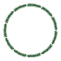 Fototapeta na wymiar Spruce thin branches frame. Christmas festive delicate Circle border with empty space. Green round frame.