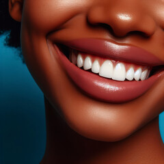 Obraz premium A black womans teeth with a smile on her face closeup on solid blue bright background. ai generative