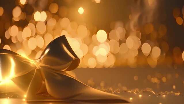 Golden ribbon bow with bokeh sparkling lights moving around. Design for Festive background. New Year, Merry Christmas or other party holiday concept beauty