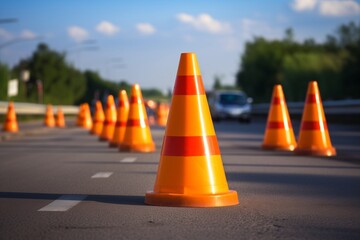 Cones on the road. Security, and prevention image concept. - obrazy, fototapety, plakaty