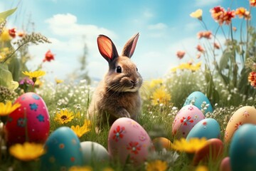 Fototapeta na wymiar Happy bunny with many Easter eggs on grass festive background for decorative design Cute Easter bunny with Easter eggs on beach
