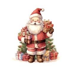 detailed vintage old kawaii santa with gifts, snowman, full body, chiristmas tree, old color, in the style