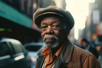 Authentic average black man portrait street. African mature man with hat on town district. Generate ai