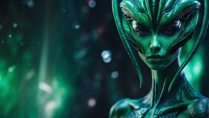 Beautiful female green Alien character. Alien Concept. Hybrid reptile character on futuristic green background