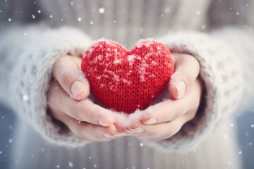 Female hands in knitted mittens with heart of snow in winter day. Love concept. Valentine day background