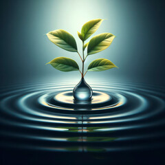 Naklejka na ściany i meble water drop and growing leave stem from it on solid water background. ai generative