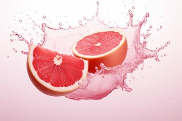 Fresh pink juice spilling out of a cut grapefruit isolated on white background. Authentic studio shot.