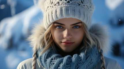 Beauty portrait of beautiful attractive woman, young calm woman at fresh air at winter cold frosty snowy day, enjoying