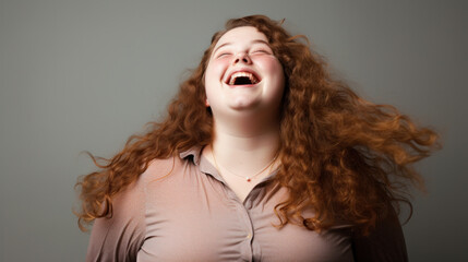 Ugly Young plus size woman wearing casual clothes and glasses happy expression on face - obrazy, fototapety, plakaty