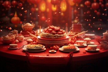 Obraz na płótnie Canvas Happy Chinese new year. Asian family dinner food for prosperity celebration festival isolated on red decoration traditional festival background