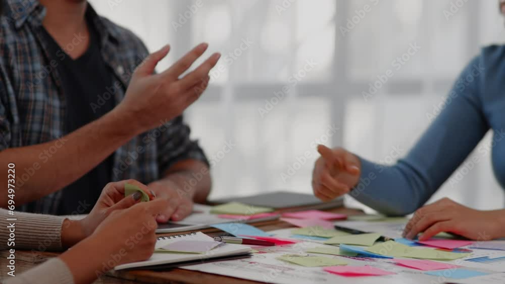 Poster close up of hands teamwork business startup group are meeting working and brainstorming for new busi