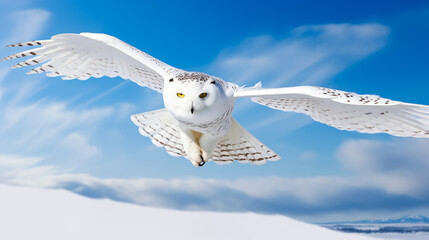 Snowy owl gliding over a snowy tundra, with wings spread, shallow field of view.
