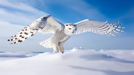 Snowy owl gliding over a snowy tundra, with wings spread, shallow field of view. 