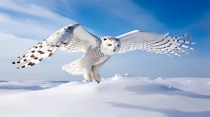 Papier Peint photo Harfang des neiges Snowy owl gliding over a snowy tundra, with wings spread, shallow field of view. 