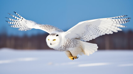 Majestic snowy owl in flight over a winter landscape, shallow field of view. 
