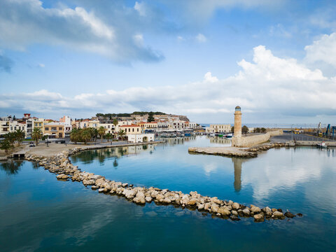 Old harbor and lighthouse of Rethymno in Crete, Greece.