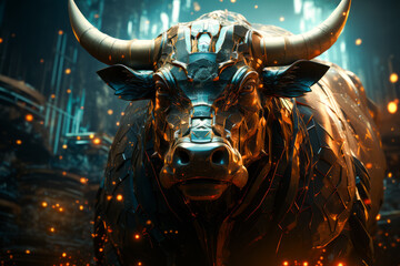 Golden bull sculpture like symbol representing financial market trends, crypto currency market - obrazy, fototapety, plakaty