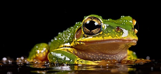 A close-up photo of a green and yellow frog sitting on a lily pad in a pond. The frog's skin is a vibrant green color with yellow markings on its back and legs