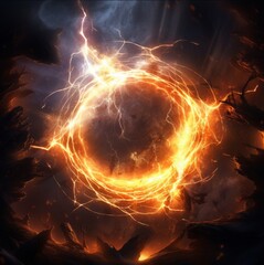 A mesmerizing ring of fire gracefully dances and swirls upwards. Flickering tongues of flame in vivid shades of orange, yellow, and blue, casting a warm glow on the surrounding 