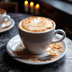 A wide horizontal banner image of premium coffee cup with cappuccino cream design art on it 