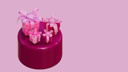 3D rendering of Valentine’s day theme, cylinder product display with gift box on pink background