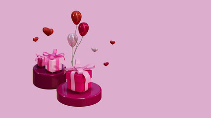 3D rendering of valentine’s day theme, cylinder product display with gift box and heart balloon on pink background