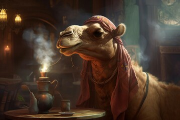 Camel smoking shisha. Dromedary desert caravan animal smokes hookah. Generate ai