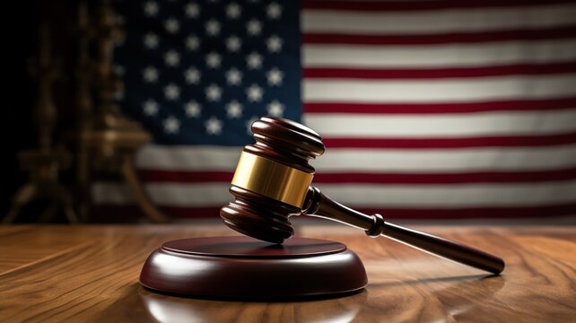 Gavel rests on the American flag, symbolizing law and justice.