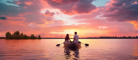 A  golden sunset on the river. Lovers ride in a boat on a lake during a beautiful sunset. Happy couple woman and man together relaxing on the
Captions are provided by our contributors.AI Generative
