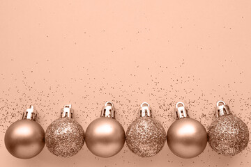 Christmas composition. Christmas tree glittering balls on a monochrome background. View from above.