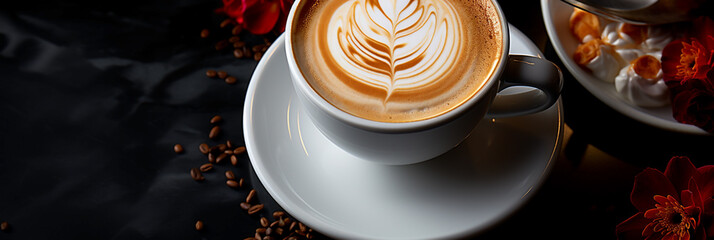 Wide panoramic top view photo of a Cappuccino coffee cup with cream design on it and a saucer in white background