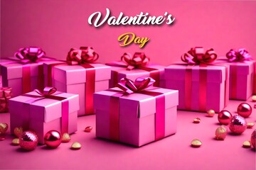 Valentine's Day style. Pithy 3D gift boxes in pink. A gift package filled with festive decorations is opened.
