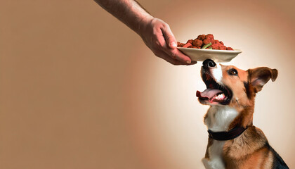 domestic dog and cheerful pet receiving food from his master - obrazy, fototapety, plakaty