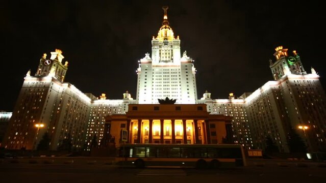 Bus moves near main building of Lomonosov MSU