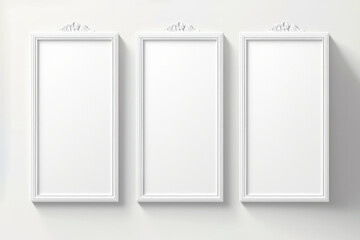 Set of 3 empty white retro photo frames on light wall background. Mock up template advertisement concept