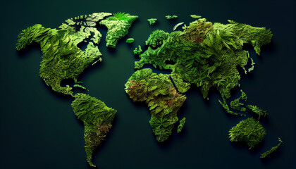 World map made from green grass and leaves. Ecology and green environment concept isolated, Ai...