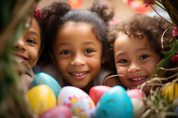 Close-Up Portrait of Joyful black Children Celebrating Easter with Colorful Eggs, Embodying the Spirit of 'Joyeuses Pâques