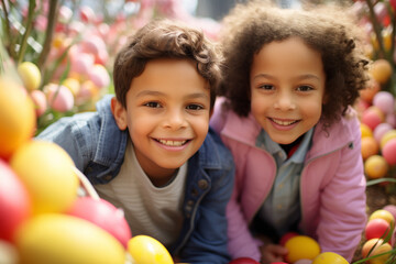 Close-Up Portrait of Joyful black Children Celebrating Easter with Colorful Eggs, Embodying the Spirit of 'Joyeuses Pâques