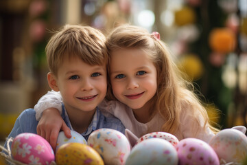 Close-Up Portrait of Joyful caucasian Children Celebrating Easter with Colorful Eggs, Embodying the Spirit of 'Joyeuses Pâques