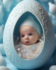 Adorable Baby Peeking from an Eggshell for Easter, Capturing the Essence of 'Joyeuses Pâques