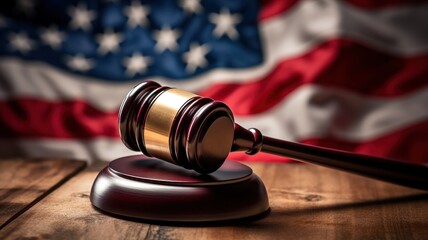 Gavel rests on the American flag, symbolizing law and justice. - obrazy, fototapety, plakaty