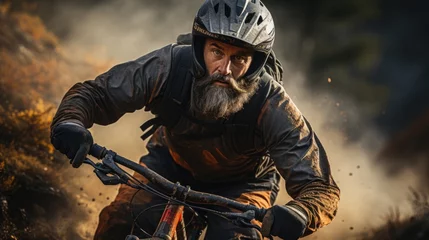 Foto op Plexiglas Middle-aged momentum: A cyclist speeds on a mountain bike, embodying vitality, adventure, and the joy of conquering rugged terrain © monvideo