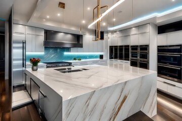 This contemporary kitchen doesn't shy away from technology. Smart appliances, integrated sound systems, and automated lighting can all be controlled with the touch of a button. - obrazy, fototapety, plakaty